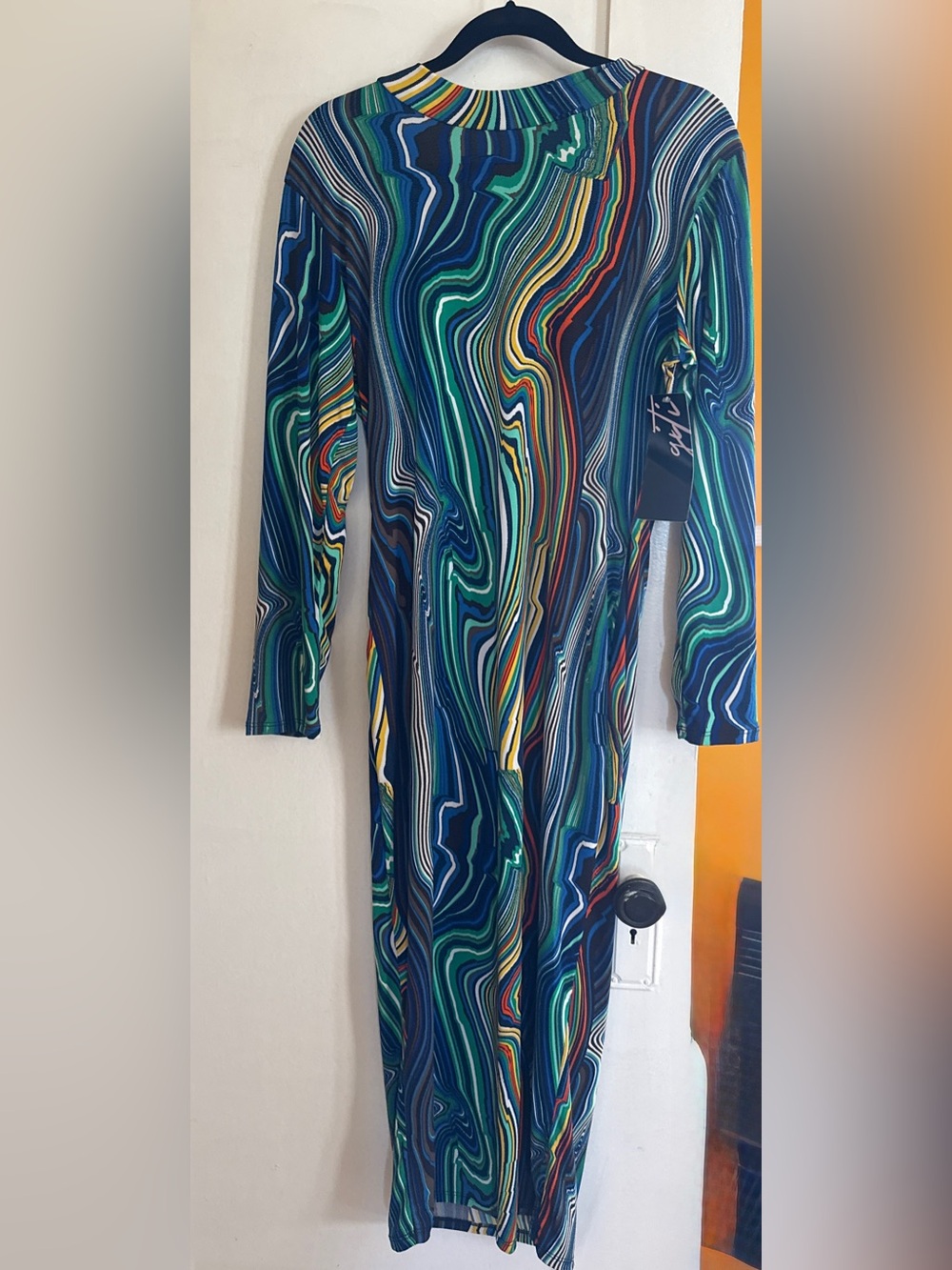 Plus size Colorful Swirl Maxi Retro Dress with Blue & Green Waves